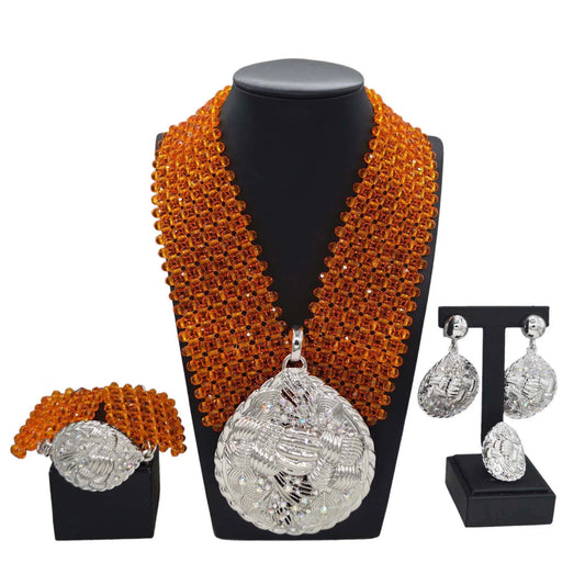 Zhuerrui Simple Bridal Gold Plated Jewelry Sets Orange Beads Necklace Jewelry Set Exquisite Woman Festival Party Gifts H40041