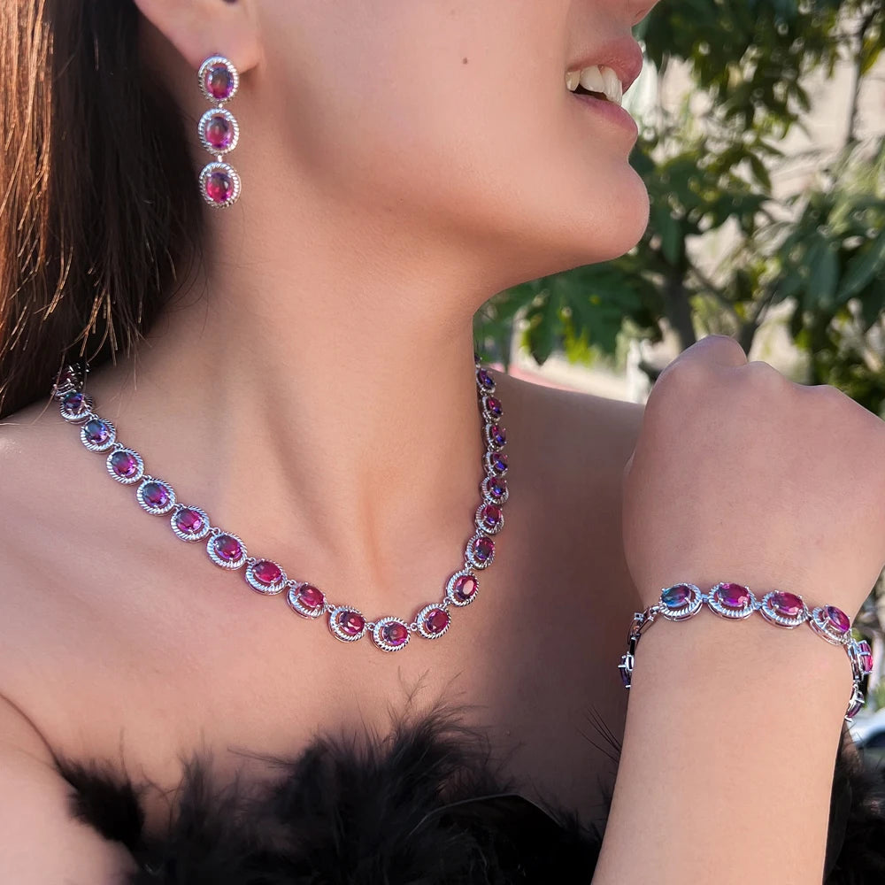 3 Pcs Elegant Rainbow Cubic Zirconia Topaz Oval Drop Earrings Necklace and Bracelet Set Jewelry Gift for Ladies Party Bridesmaid