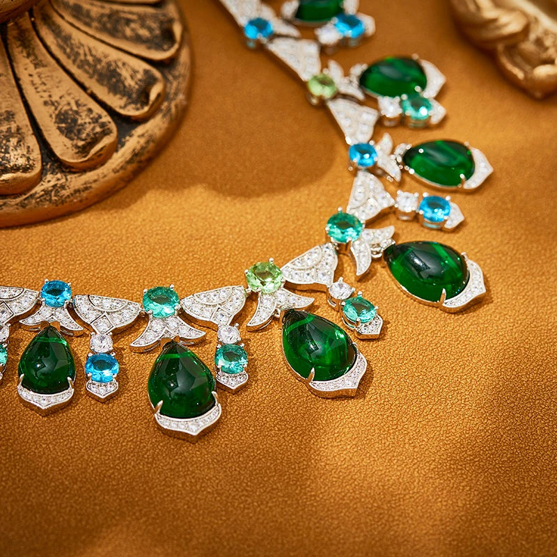 Luxury Women's Brass Necklace Earrings and Ring Three Piece Set  Water Droplet Green Zirconia Banquet and Wedding Accessories