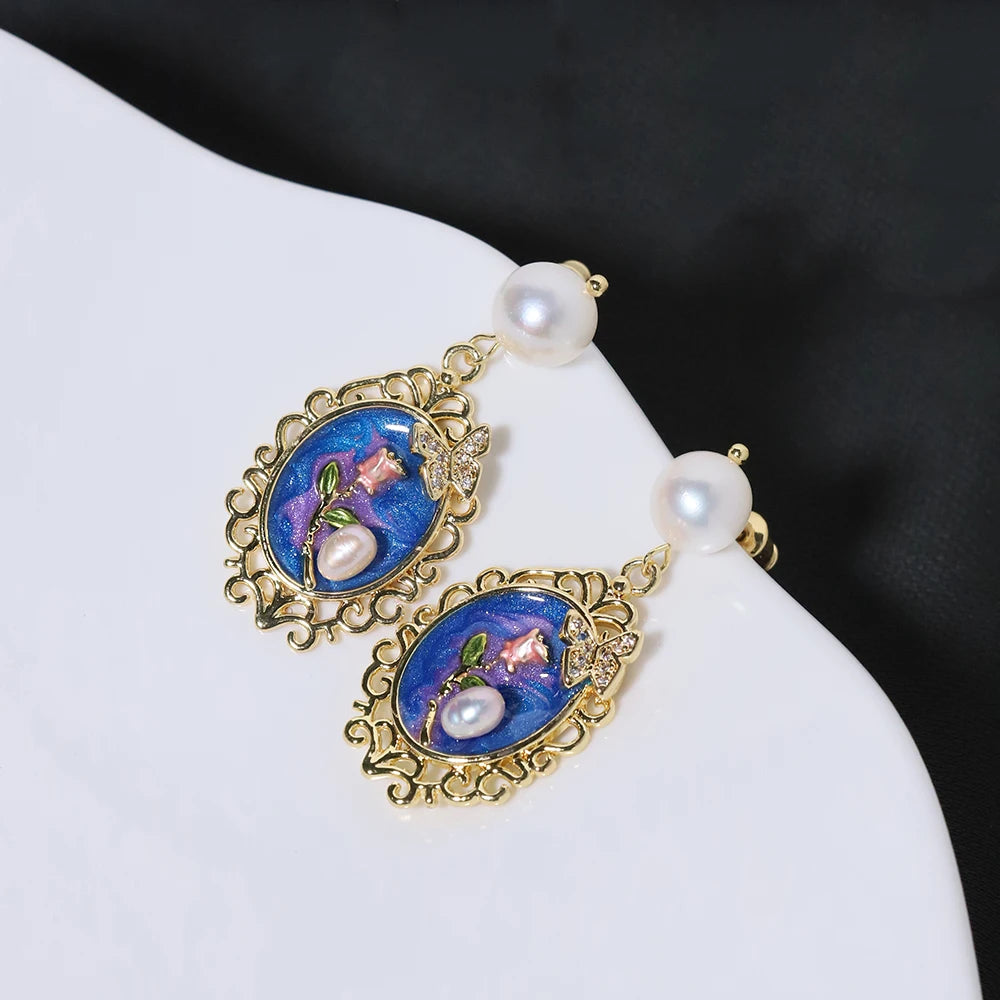 Natural Freshwater Pearl Oil Painting Butterfly Earrings Korean Style Women Luxury Jewelry Fashion Ladies and Girls Gift GE1569