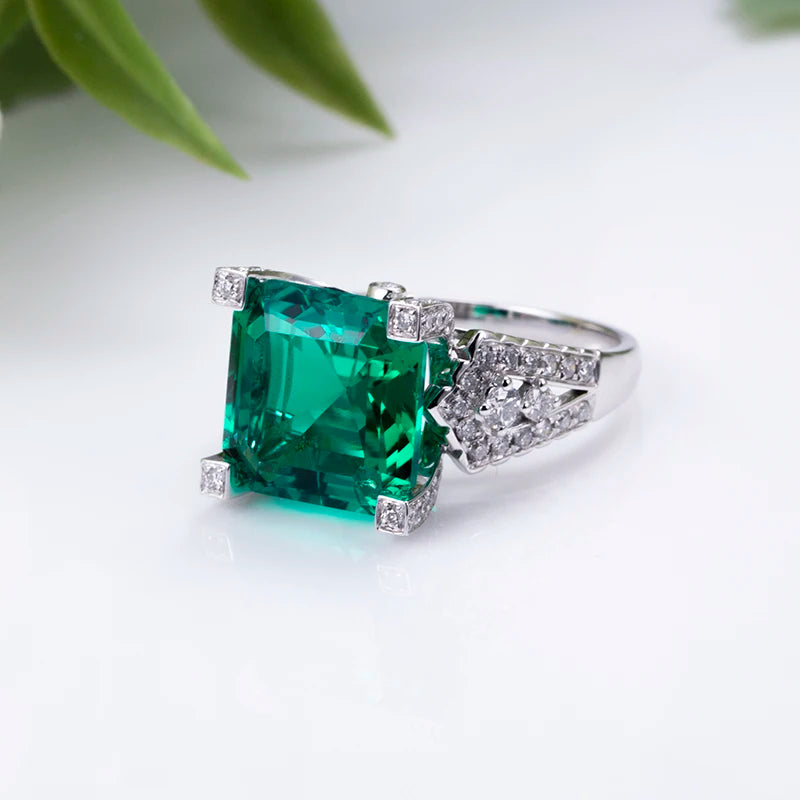 MSR-1274 Customized Jewelry 18K White Gold Colombia Emerald Asscher Cut Lab Grown Emerald Lab Grown Diamond Ring