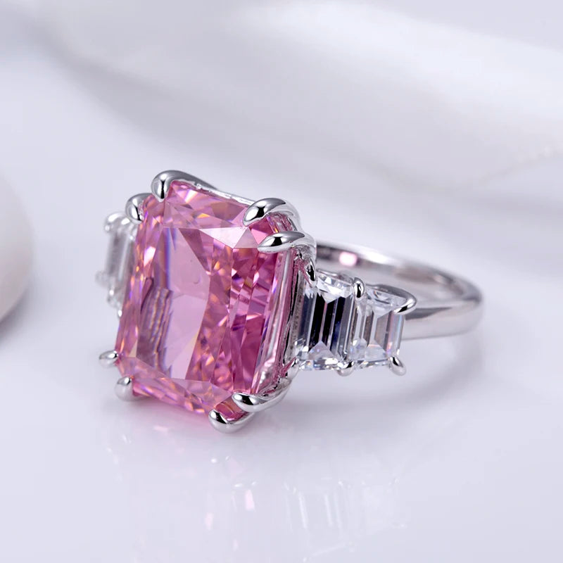 Messi Jewelry MSR-959 High Carbon Cubic Zircon Pink Diamond Ring Jewelry S925 Radiant Cut  Engagement Wedding Ring