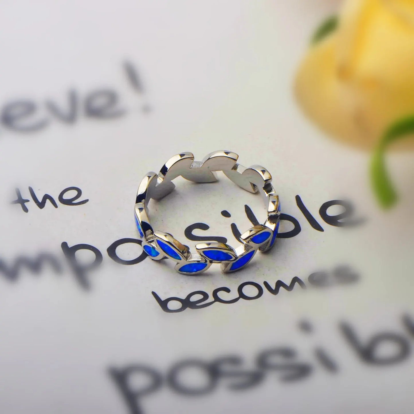 Leaf-Shaped Blue Opal Twisted Ring | Iridescent Gem Inlay Band | Nature-Inspired Fashion Jewelry for Women Trendy Wear