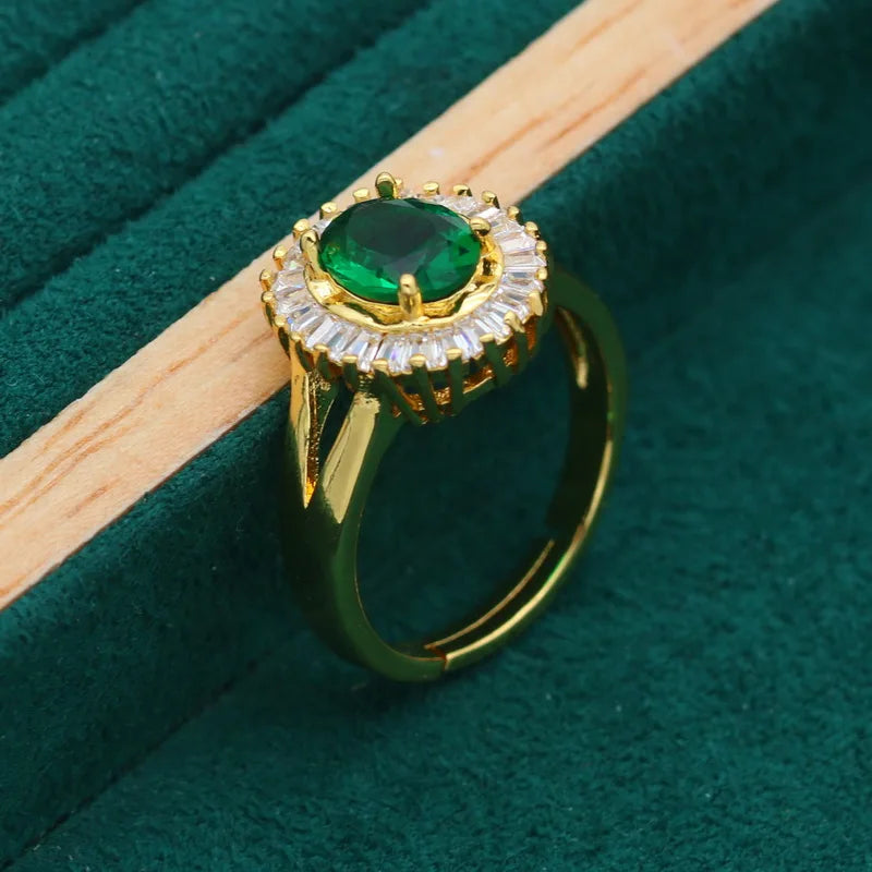 XOTICA Classic Gold Color Green Emerald Jewelry Set for Women Wedding Party Engagement Open Ring Bracelet Earrings Necklace Pendant
