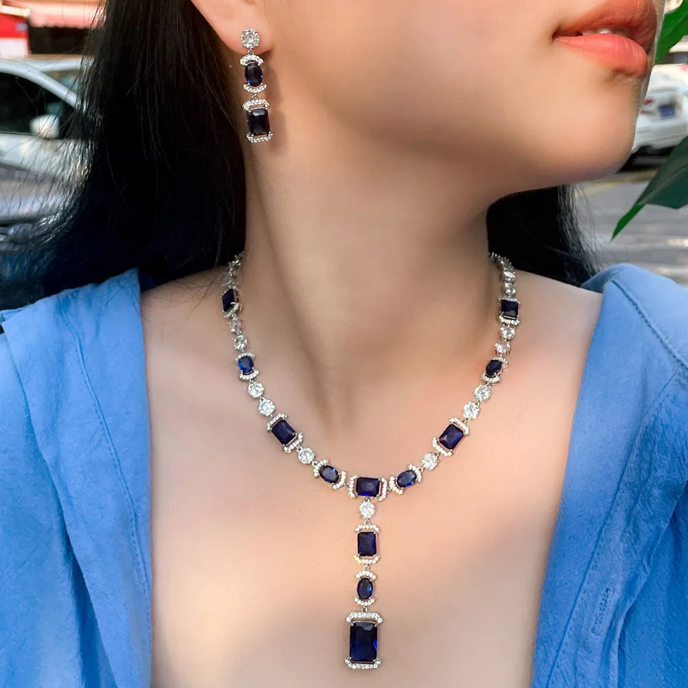 Sparkling Multi Color Cubic Zirconia Big Long Dangle Drop Party Wedding Necklace Bridal Jewelry Sets Dress Accessories