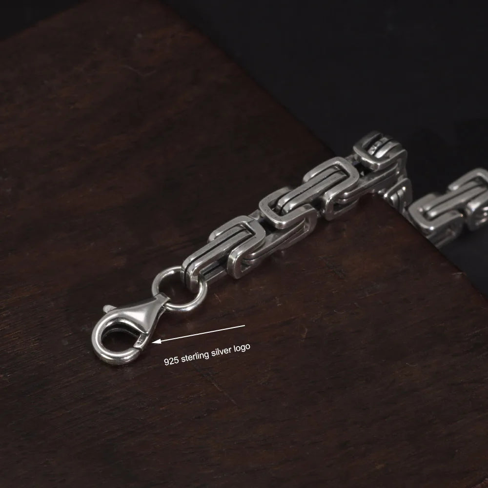 REBEL 925 Sterling Silver Byzantine Cuban Chain for Men and Women Punk Hip Hop Retro Square Lovers Bracelet