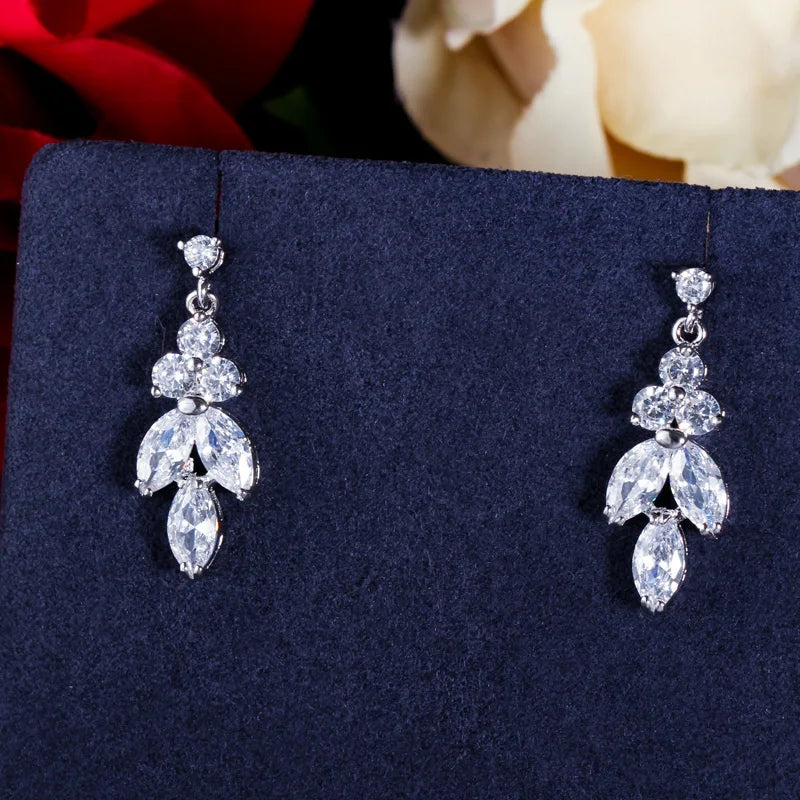S&S CZ Leaf Bridal Jewellery Set – Dangling Earrings & Necklace – Collection