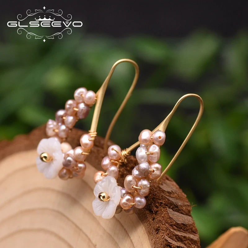 Fashion Natural Purple Pearl Drop Earrings for Women Luxury Jewelry Flower Shape Handmade Korean Earrings