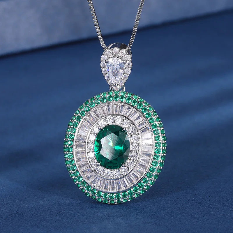 Gemfiori New Luxury Vintage Timeless Triple Layer Halo Design Jewelry Set for Women Oval Cut Blue Gem Halo Pendant Necklace Earrings Ring