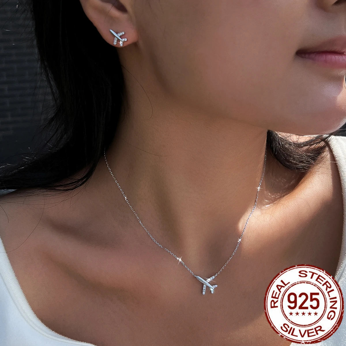 S925 Sterling Silver Jewelry Set Airplane Cubic Zirconia Pendant Necklace Stud Earrings CZ Jewelry Set for Women Girl Daily Wear