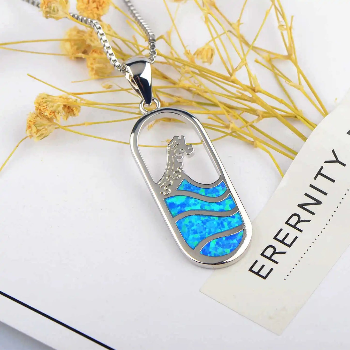 Ins Trendy Copper Hawaiian Blue Opal Wave Bottle Necklace | Dainty Silver Plated Link Chain Sweater for Women Daily Life