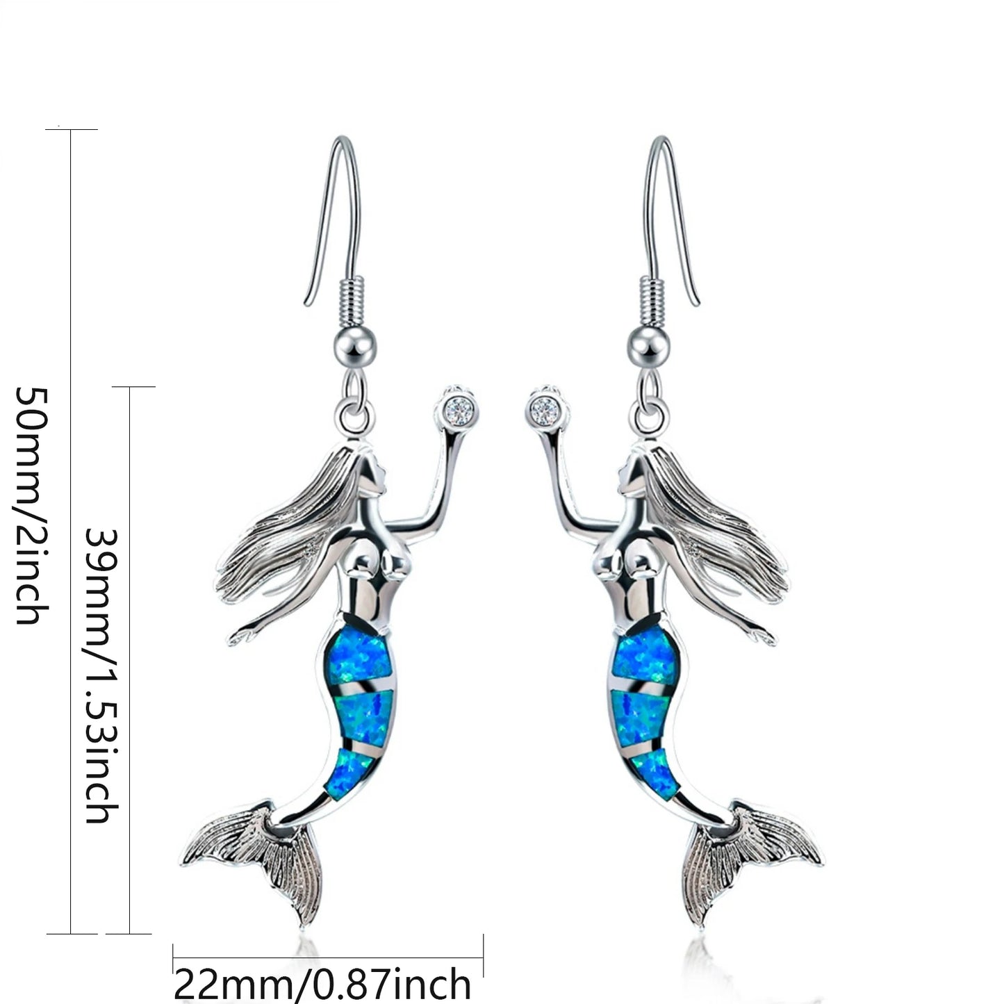 Enchanted Mermaid Opal Drop Earrings - Blue Fire Opal Tail & CZ Accent Design | Fairy-Tale Ocean Jewelry Bulk Gifts