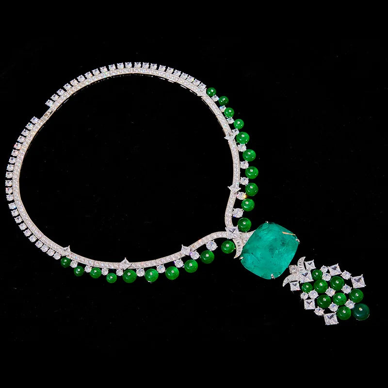 Exaggerated Luxury Paraiba Pendant Jewelry Green Emerald Zirconia Beads Tassel Special Pattern Design Necklace Earring  Set