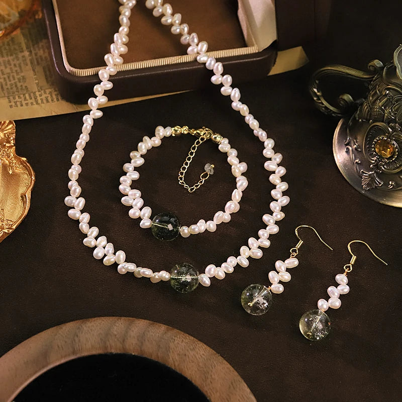 Natural Freshwater Pearl Glass 3PCS Jewelry Set  for Women Wedding Engagement Dating Bridal Pearl Jewelry Set Minimalist Jewelry