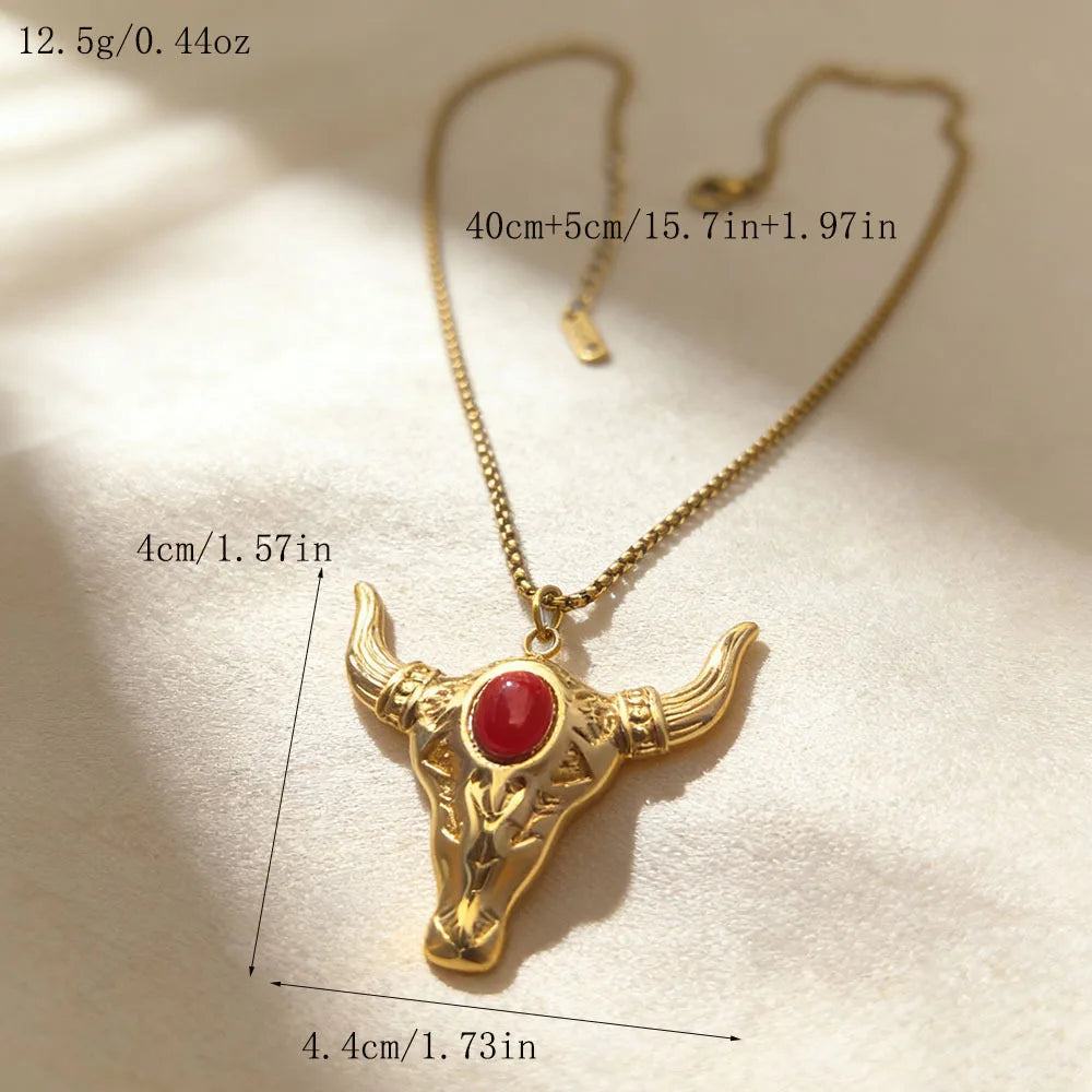 Vintage Retro Trendy Cow Head Stainless Steel Bamboo Chain Necklace Unisex Cowboy Turquoise Pendant Luxury Zodiac Party