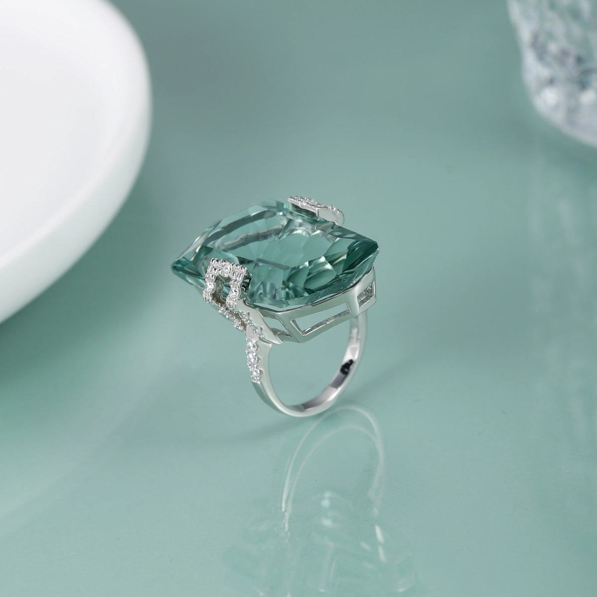 ArtistA Abiding Factory Custom Quadrilateral Green Amethyst Prasiolite 925 Silver Ring Necklace Earrings Jewelry Set for Dinner Party