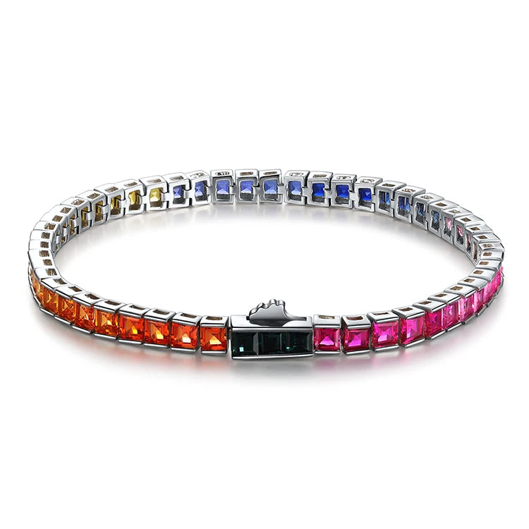 Gemfiori New Coming Real 925 Sterling Silver Charm Rainbow Tennis Bracelet for Women