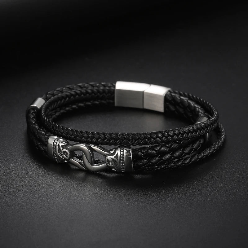 VIKING Mens Vintage Charm Leather Strand Bracelet – Black Stainless Steel