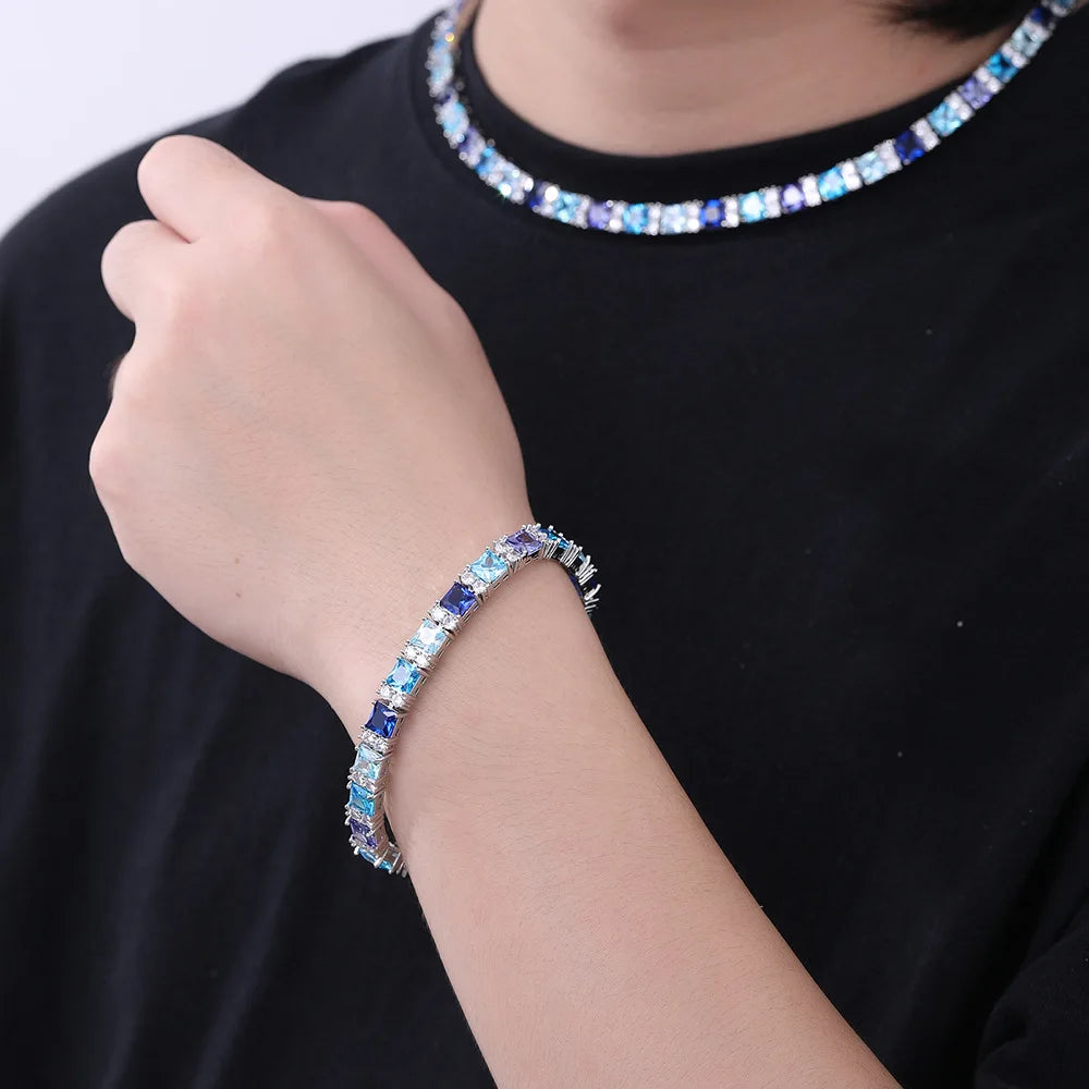 Factory Direct High Quality Blue Gemstone Cubic Zirconia Tennis Necklace 16-20inch Luxury Bling Hip-Hop Necklace