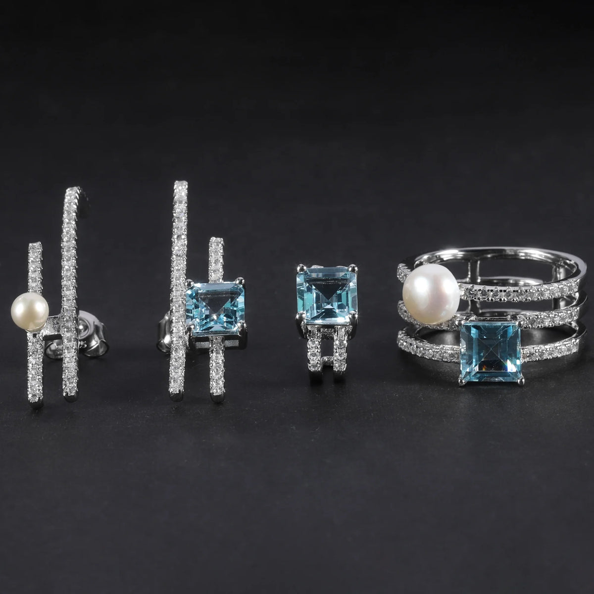 ArtistA C5789 Abiding Fine Jewelry Stylish Sky Blue Topaz Freshwater Pearl Gemstone H Shape 925 Sterling Silver Earrings Set