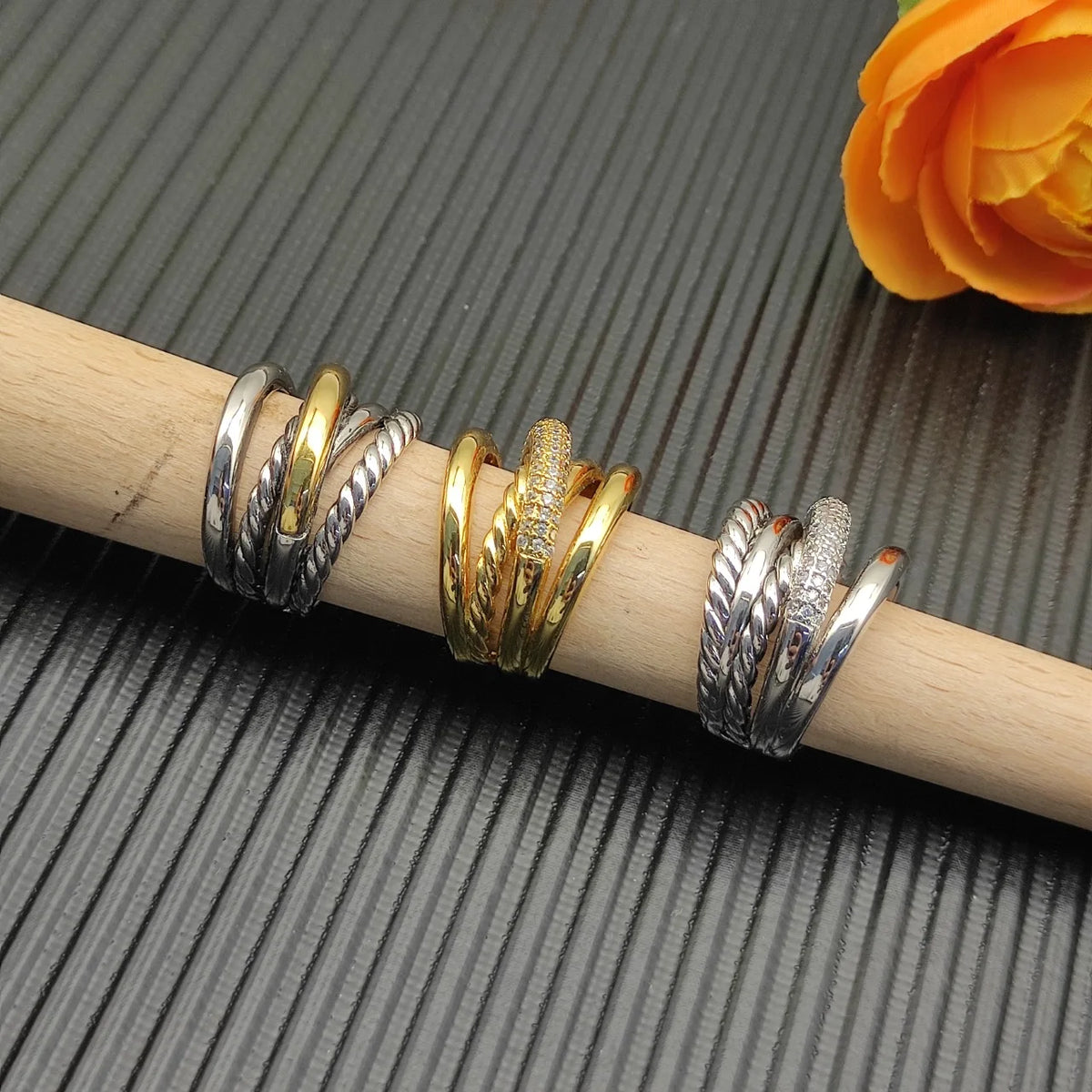 FASHIONISTA DY High-Quality Silver-Plated 17.5mm Five-Strand Cross Diamond Ring, Gold-Plated Diamond Ring, Jewelry