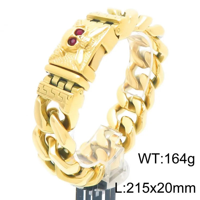 KALEN Mens Punk Fine Jewelry Fashion Bracelets Stainless Steel Red Zircon Skull Charm Links Bracelet