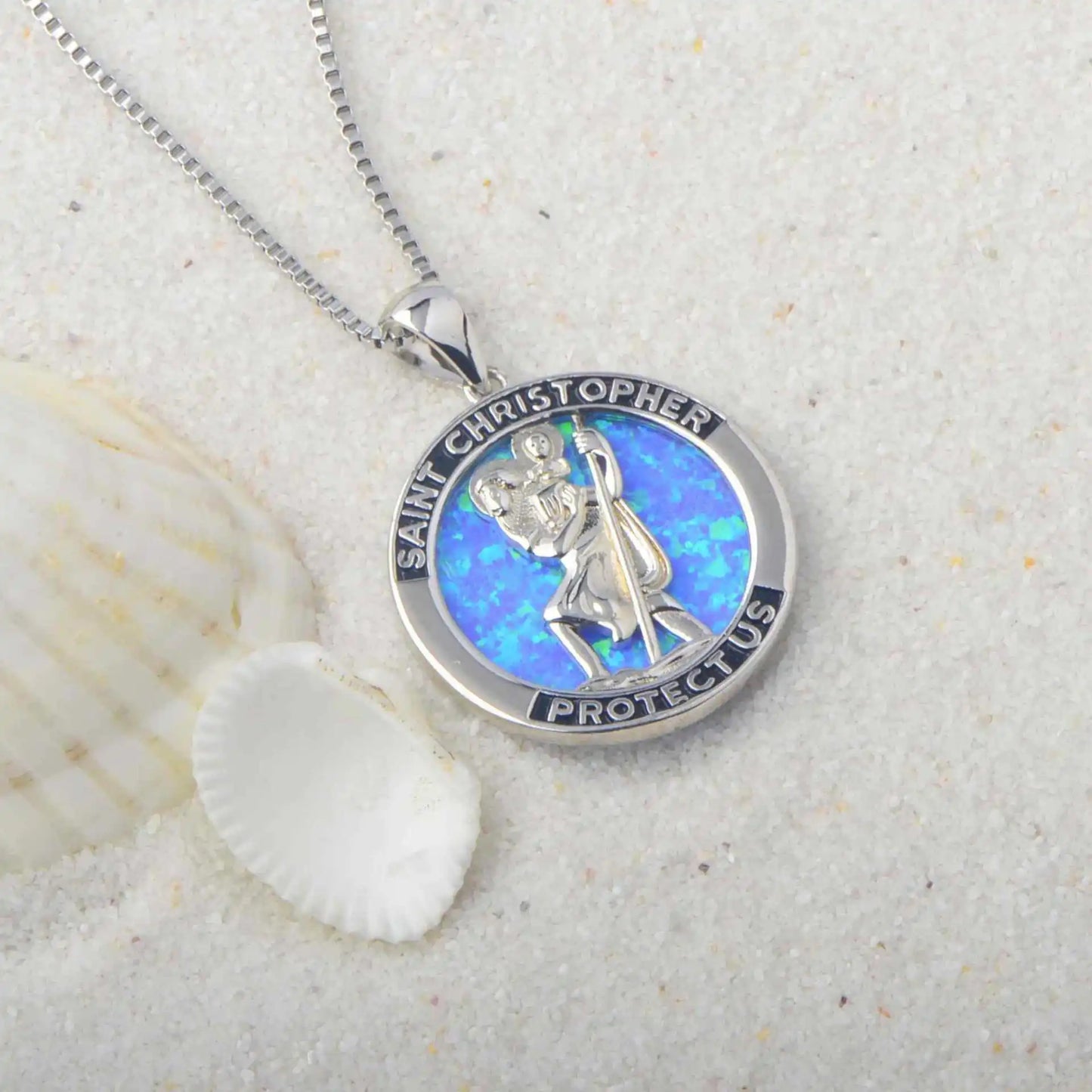 TikTok Ins Viral Copper Opal Virgin Mary Pendant Necklace | Blue Fire Gem Statement Jewelry Link Chain Silver Plated Wholesale
