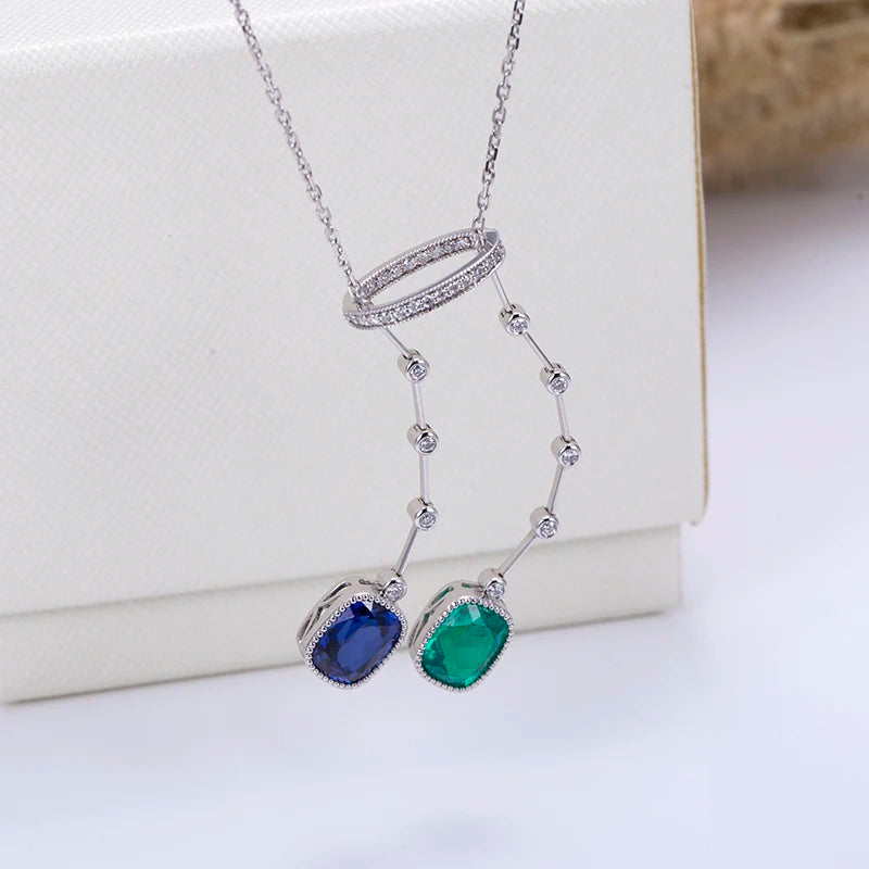 Messi Jewelry MSN-700 18K White Gold Lab Sapphire Lab Emerald Custom Chain Pendant