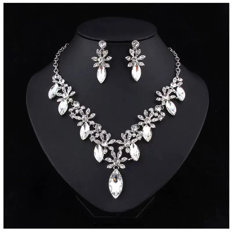 XM S383 Silver Plated Marquise Cut Zircon Floral Teardrop Necklace & Drop Earrings Set