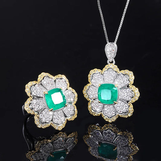 Gemfiori Blooming Flowers Inlaid with Rich Green Zircon Ring Pendant Clavicle Chain Set Star Charm Pattern Jewelry