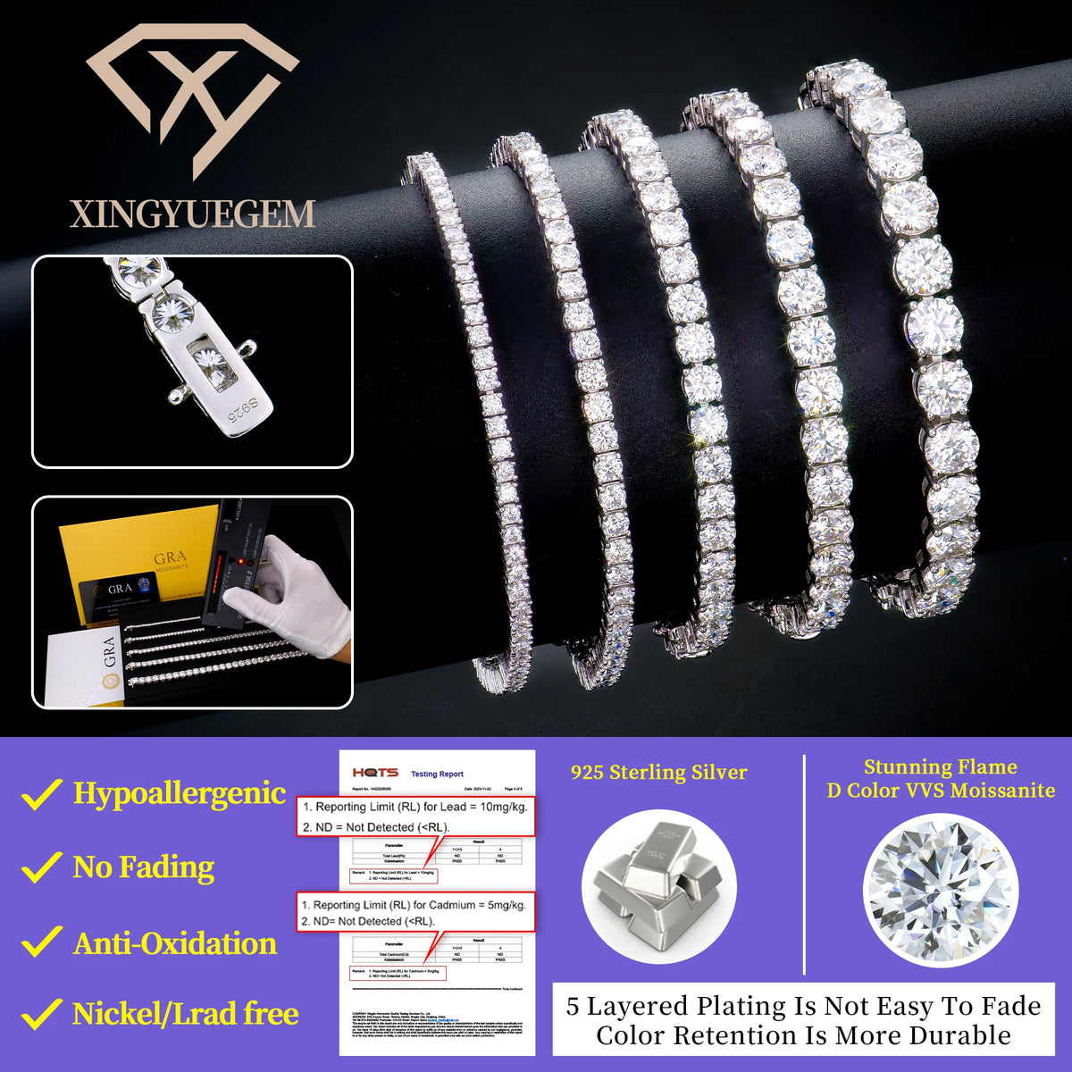 ArtistA 925 Sterling Silver GRA VVS. Iced Out 2-6mm Mossanite Diamond Tennis Bracelet Hiphop Trendy Jewelry for Men and Women Gift