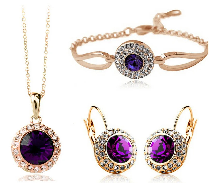 2026 Trendy Gem Stones Earrings/Bracelet/Necklace Big Statement Blue Enamel Vintage Style Gold Plated Jewelry Set for Women