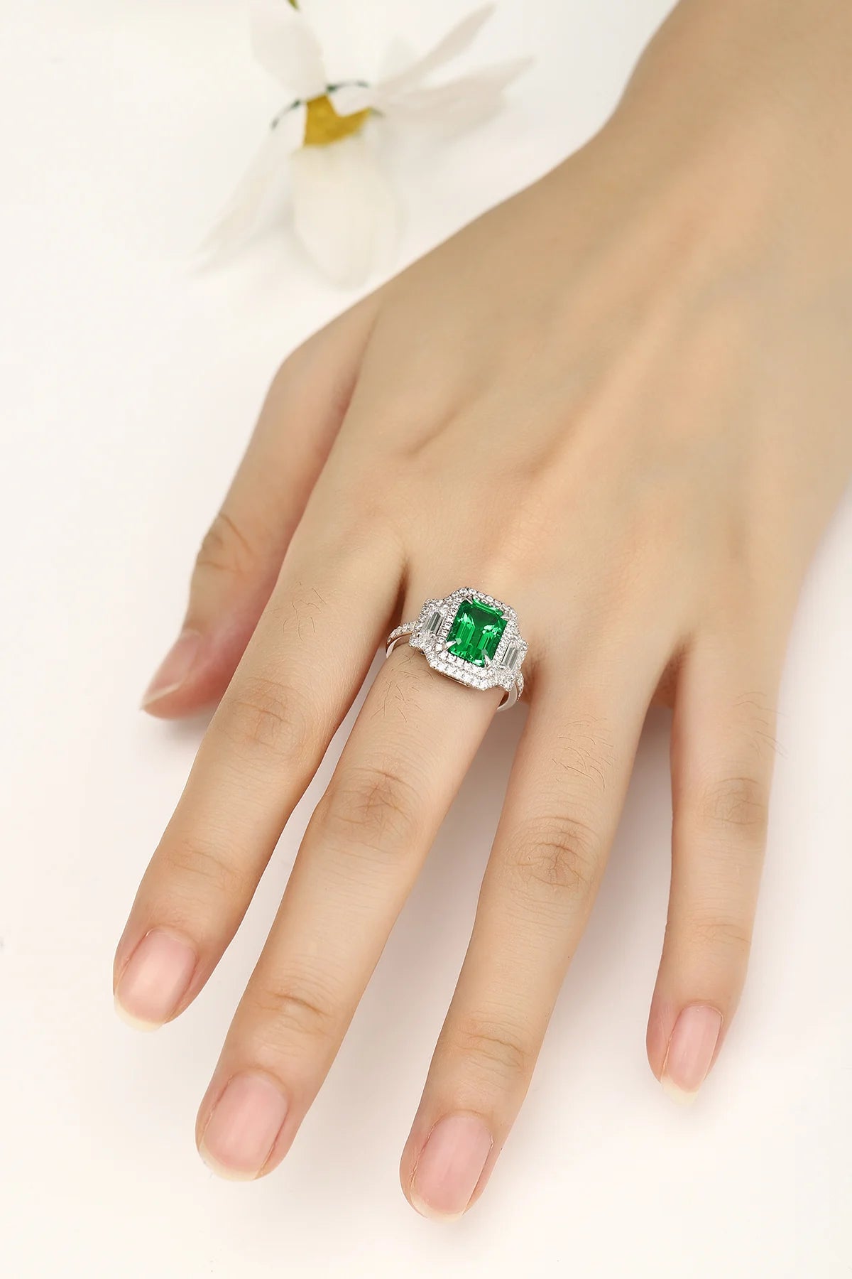 Gemfiori Custom 925 Sterling Silver Emerald Cut Lab Grown Emerald Engagement Ring Lab Created Green Emerald Jewelry