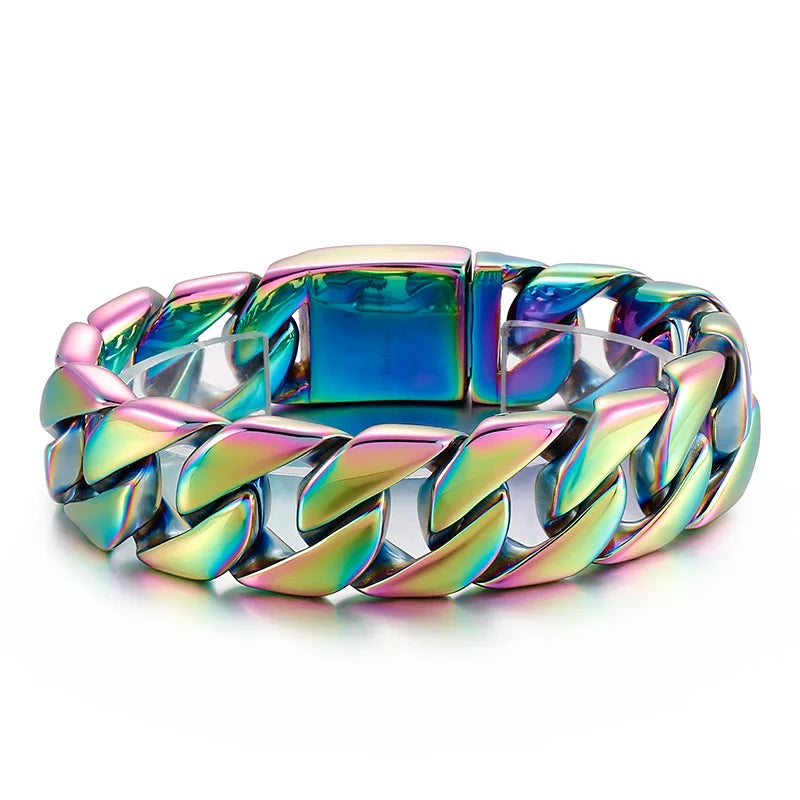 KALEN 215/220/230mm Blue/Rainbow Stainless Steel Hip-hop Cuban Link Bracelets