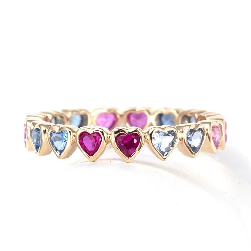 Rainbow Trendy Ring Heart Cut 9k Yellow Gold Corundum Ring for Women Lab Grown Emerald