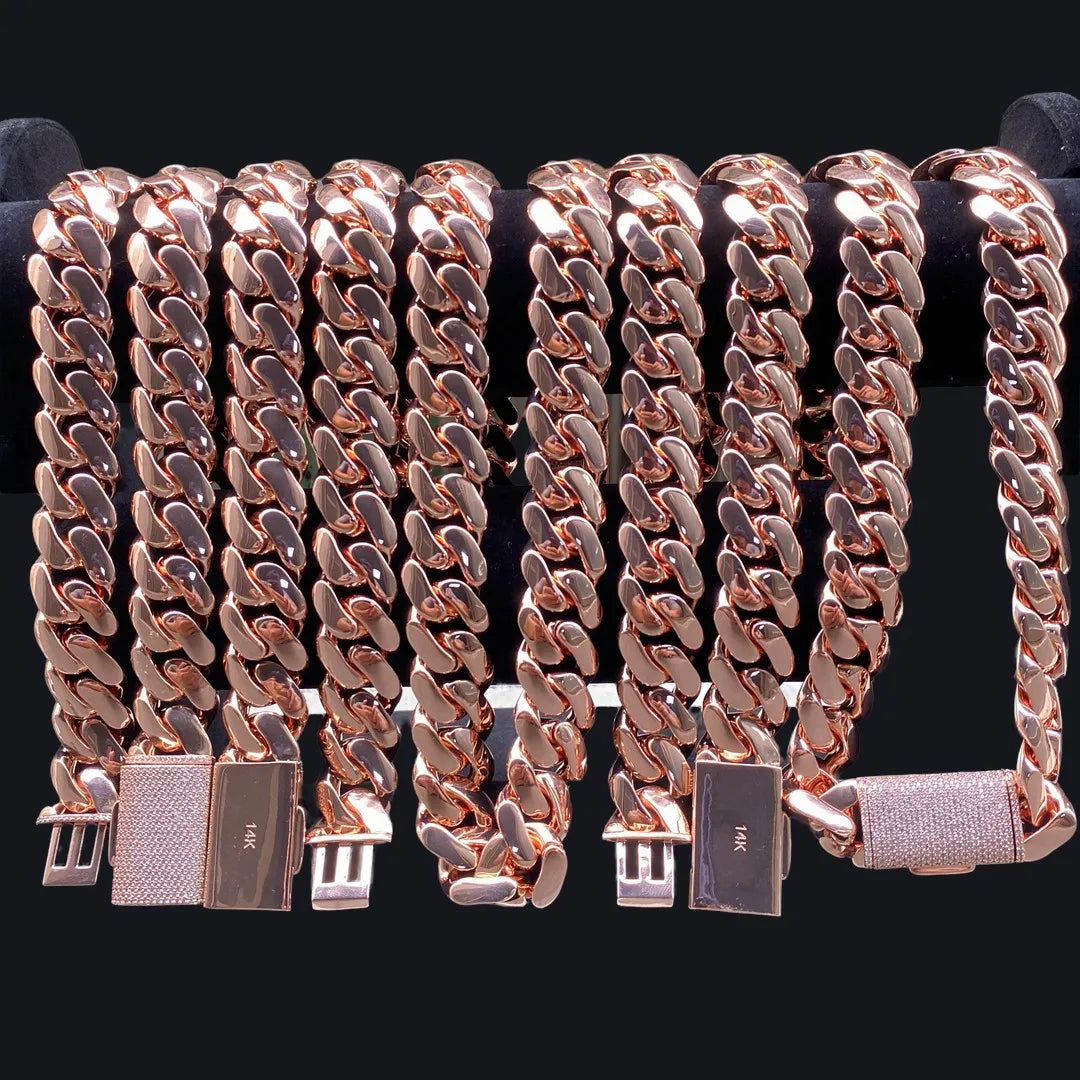 Wholesale Rose Gold Cuban Link Chain and Bracelet Set for Men 18mm Chain with Bling Iced Out Lock Hip Hop Fashion Jewelry