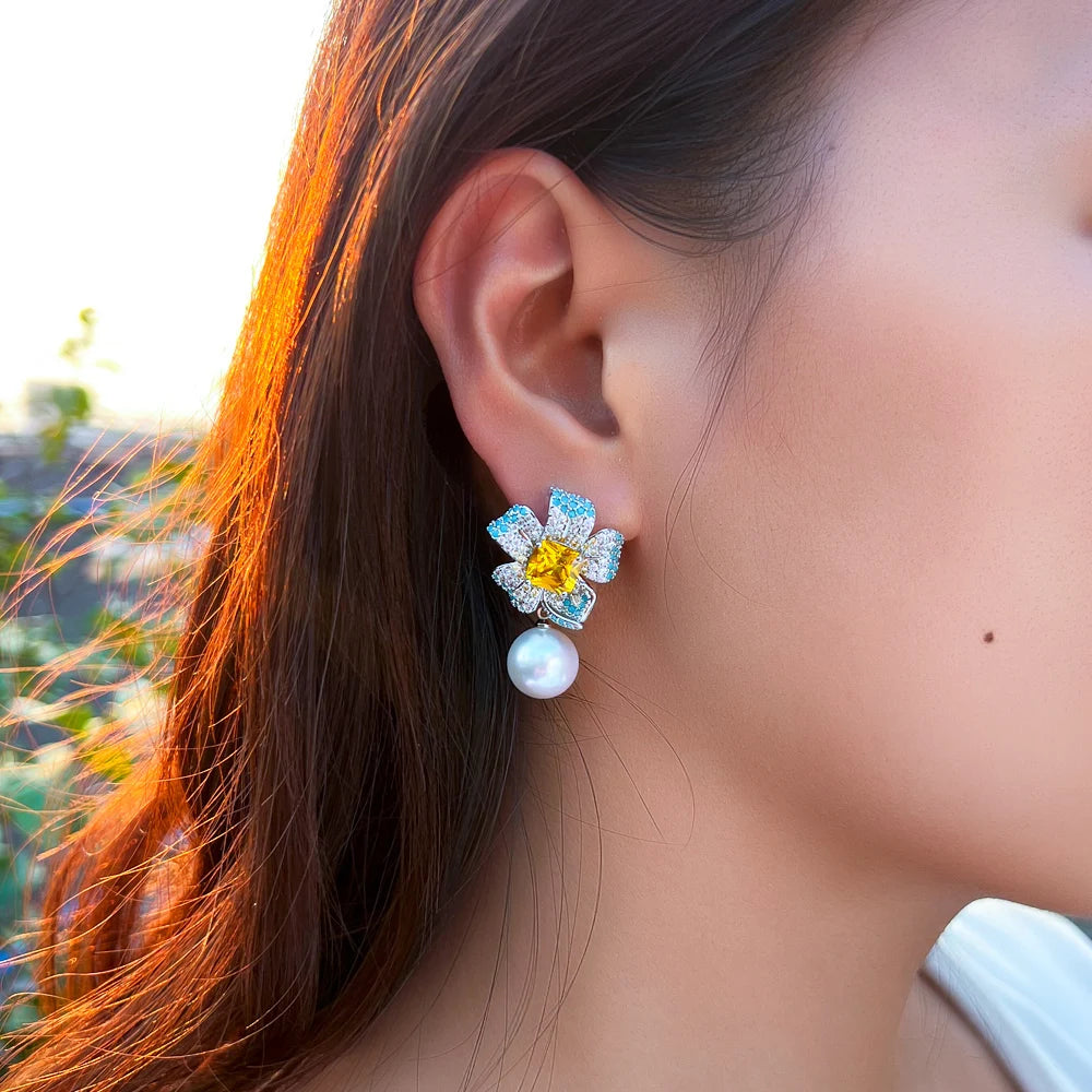 Women Elegant Jewelry Multicolor Cubic Zirconia Artificial Pearl Turquoise Big Flower Drop Earrings for Bridal Valentine's Day