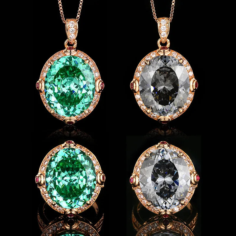 REDheart Fashion Black Gray Egg Rose Gold Texture Gold Plated Wedding Engagement Party Necklace Set Hollow Lines Copper Zircon Open Ring