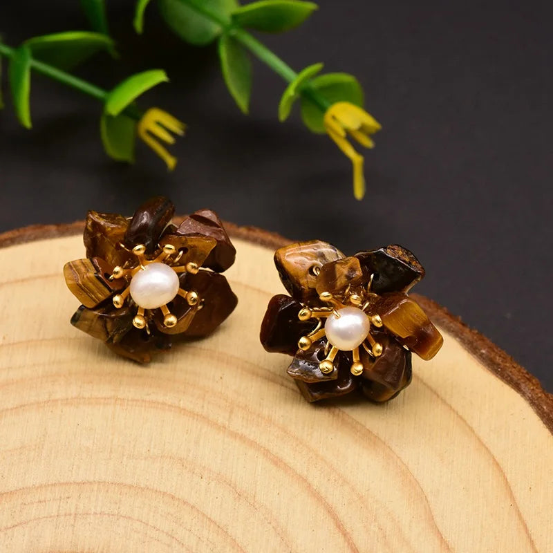New Jewelry Yiwu Wholesale Natural Baroque Pearl Stud for Women Flower Earrings Korean Wholesale Bulk 18K Gold Plated Jewelry