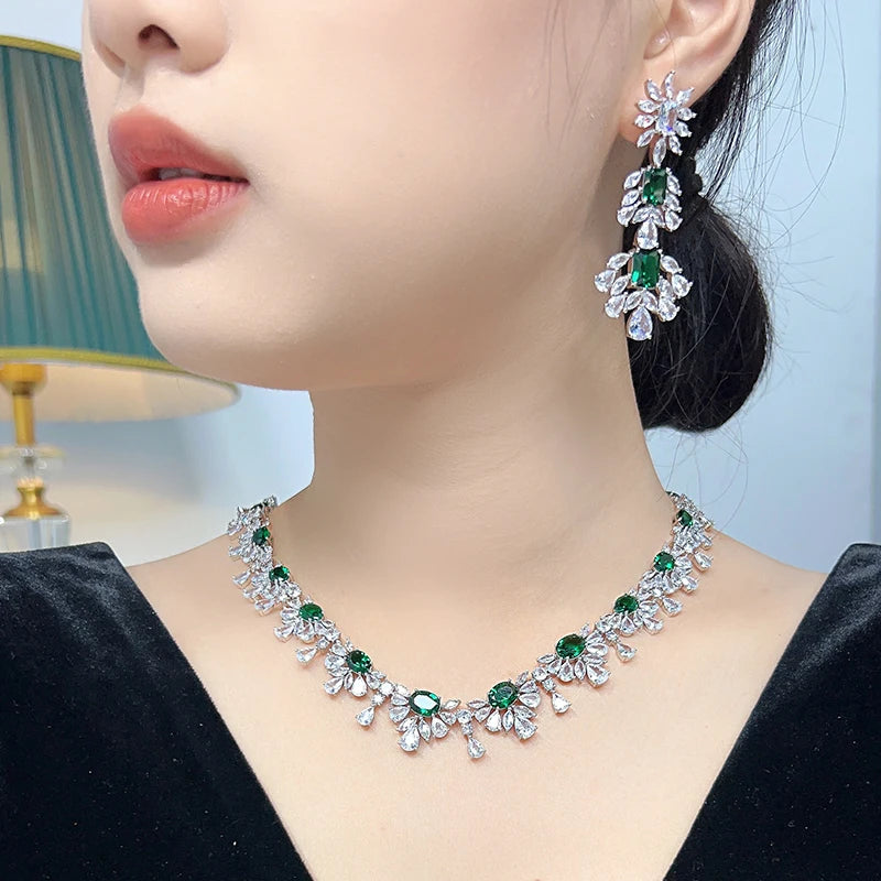 Wholesale Green Plated Brass Women's Evening Accessories Set Fashion Wedding Necklace Earrings Direct Sales Factory