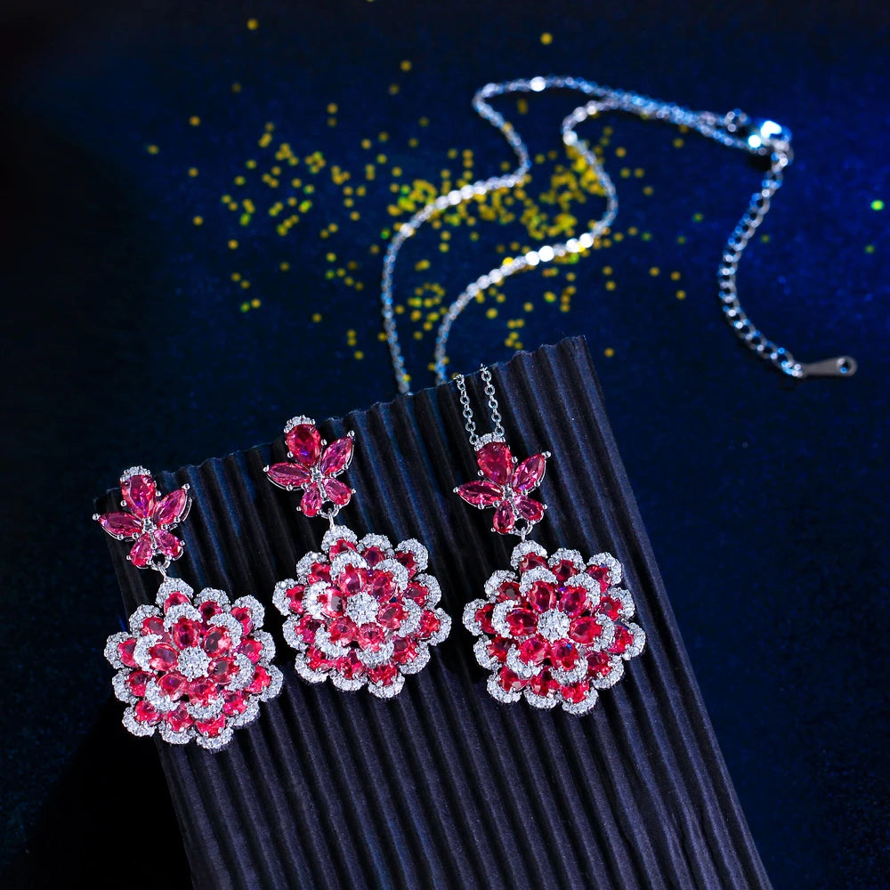 Fashion Indian Styles Red and White Cubic Zirconia Big Flower Earrings and Pendant Necklace Jewelry Set for Women Party Wedding
