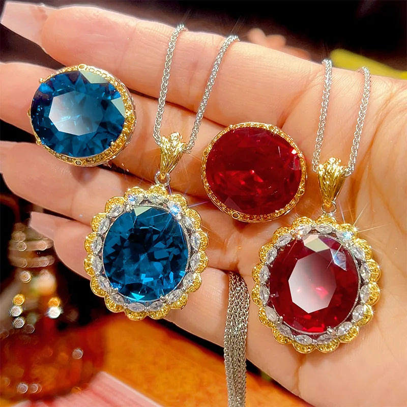 REDheart Copper Inlaid Pearl Plated Two-Color Open Ring Simulation Flower Design 18K Gold Plated Women's Pendant Necklace Jewelry Set