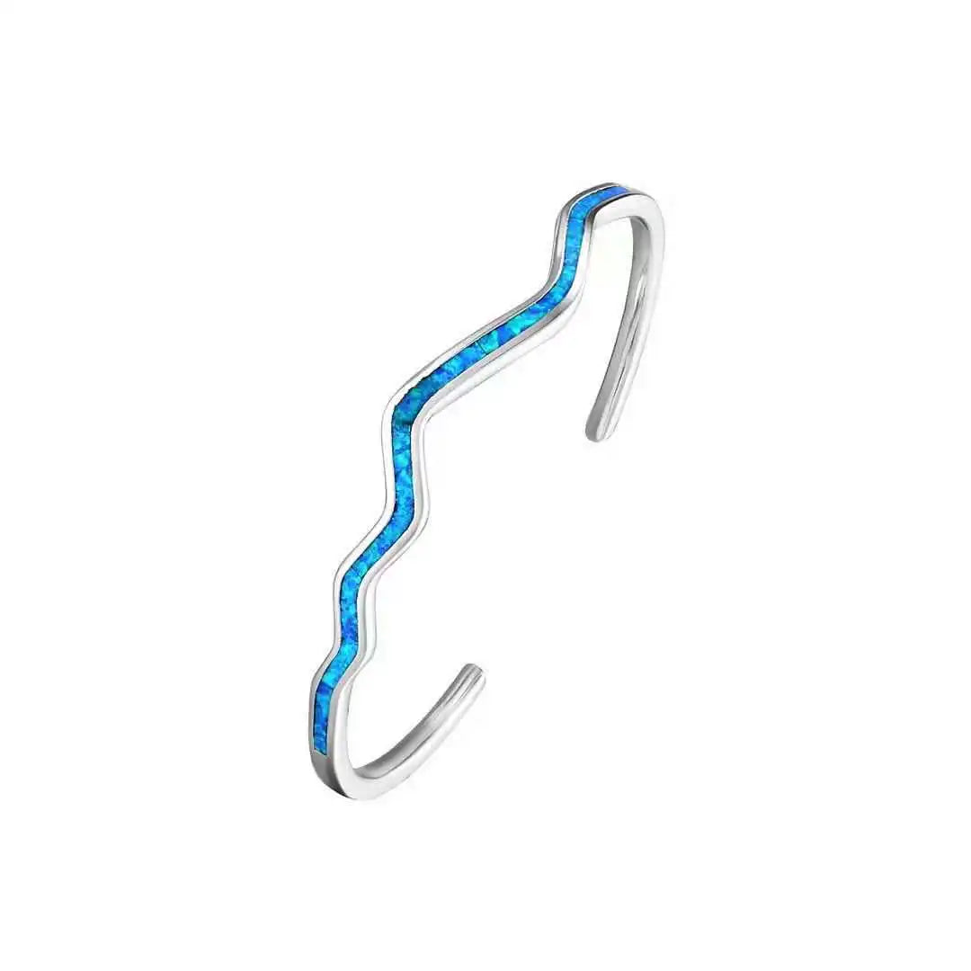 Hawaiian Blue Opal Beaded Bracelet | Trendy Brass Wavy Line Design Fashion Open Cuff Jewelry