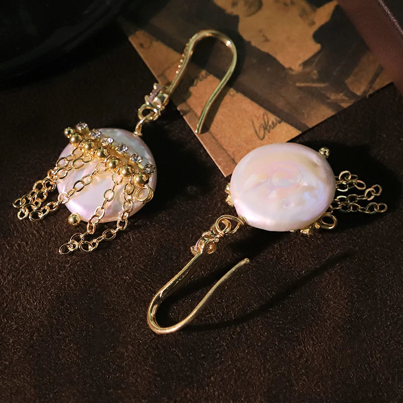 Baroque Flat Bead Natural Freshwater Pearl Tassel Earrings 18k Gold Plated Design Ear Hooks Women's Jewelry GE0869