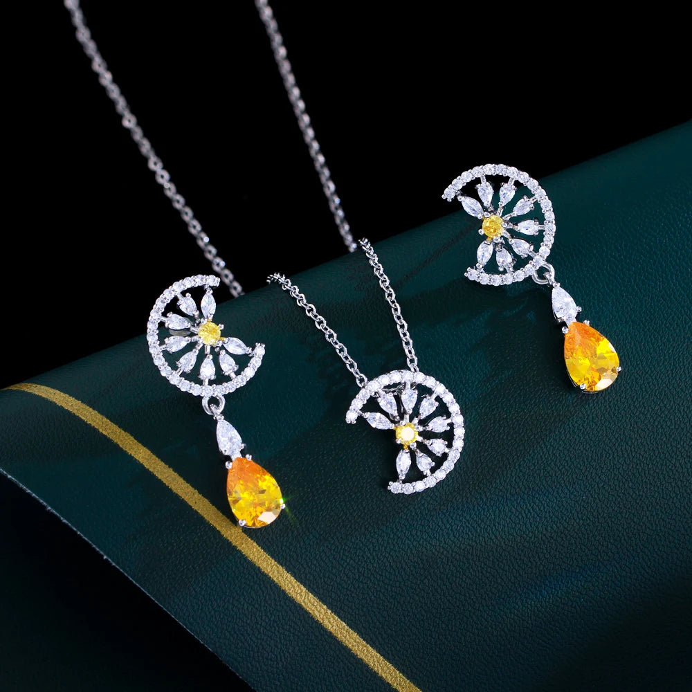 Dainty Blue Water Drop Cubic Zirconia Engagement Half Round Pendant Necklace and Earrings Fashion Jewelry Set for Women