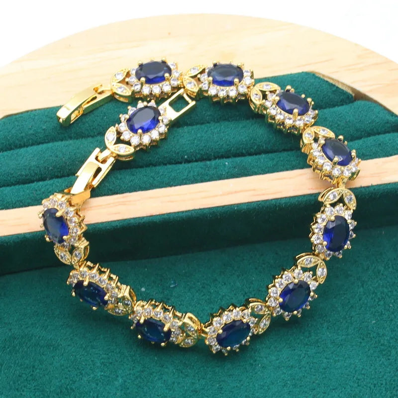 XOTICA Yellow Gold Plated Jewelry Set Women Wedding Sapphire Water Drop Trendy Blue White Crystal Claw Setting Bracelet Earrings