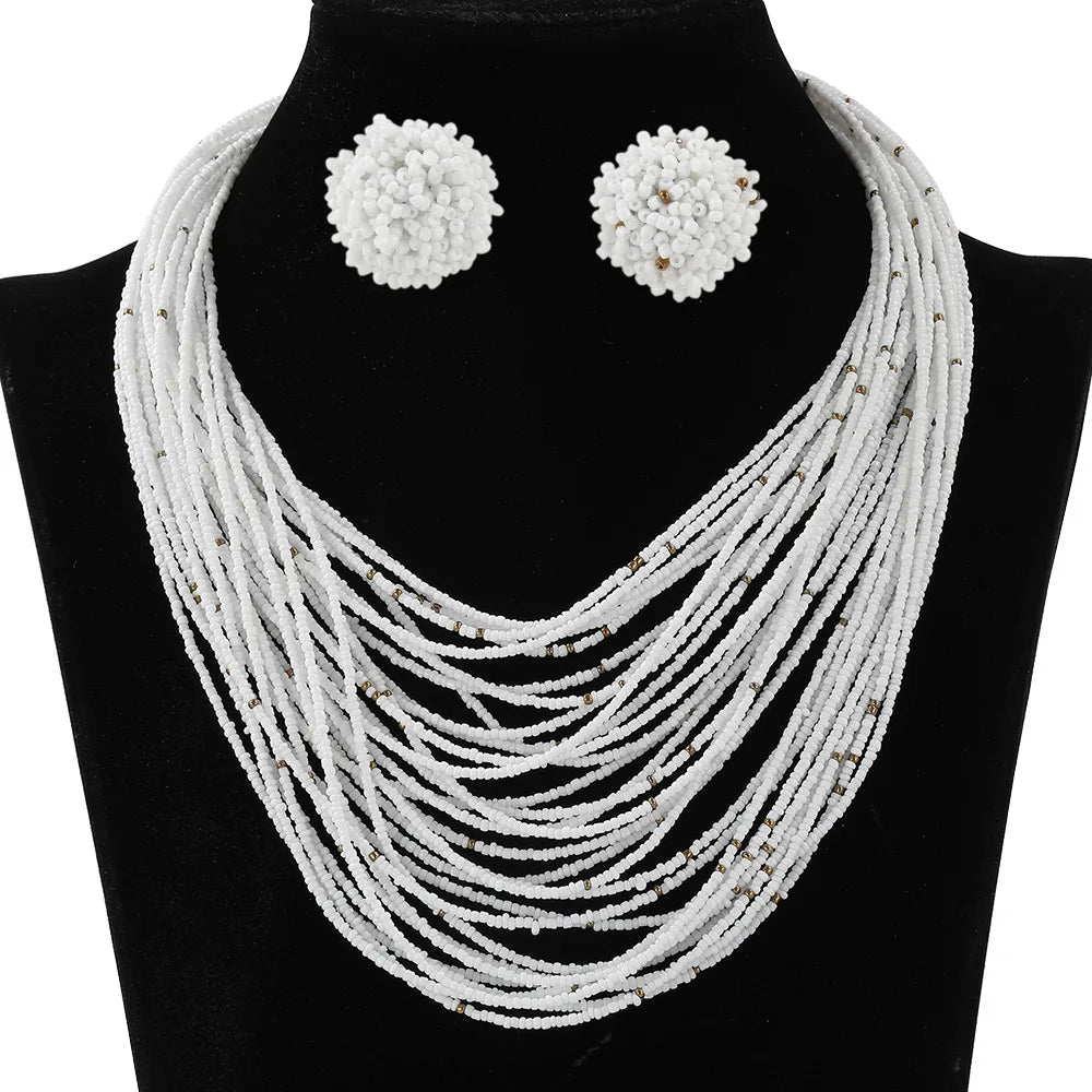 Bohemian Multi-Layer Rice Bead Necklace & Earrings Set | Retro Ethnic Style Glass Bead Jewellery | 9 Colours