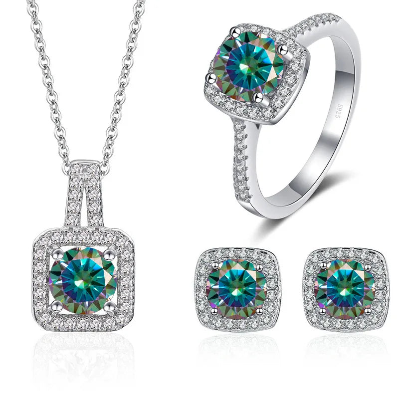 Halo Style Moissanite Jewelry Set S925 Silver 1ct Earring  VVS Moissanite Diamond Ring Pendant for Women