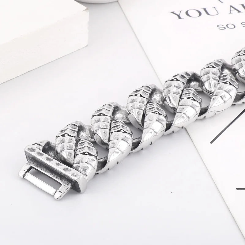 REBEL 235mm Men Punk Stainless Steel Snake Scales Pattern Cuban Link Bracelet
