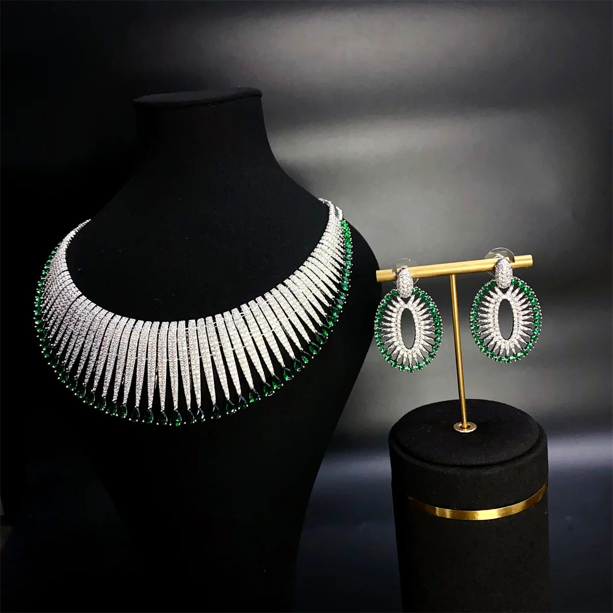 Luxury Full-Paved Zirconia 2-Piece Nigerian & UAE Dubai Geometric Necklace & Earrings Bridal Set — Rhodium Plated